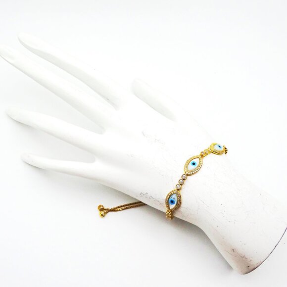 SAVVY CIE JEWELRY Gold Plated Mother of Pearl & Cubic Zirconia Evil Eye Bracelet - Picture 5 of 5